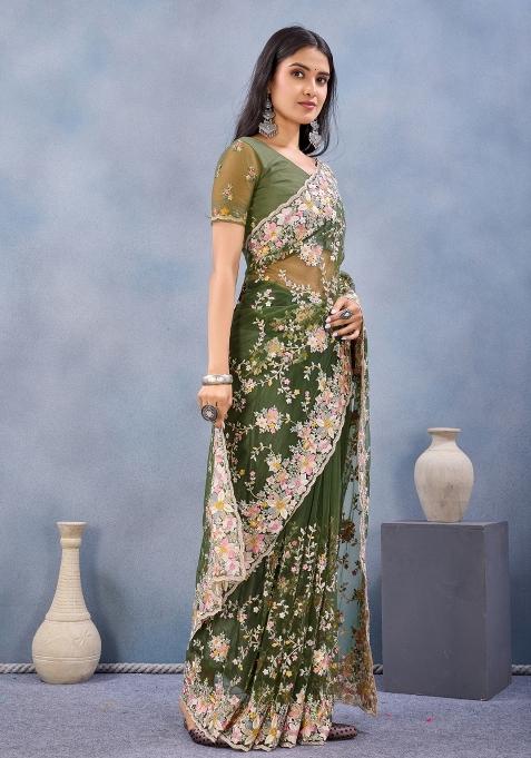 Mehendi Embroidered Net Saree Set