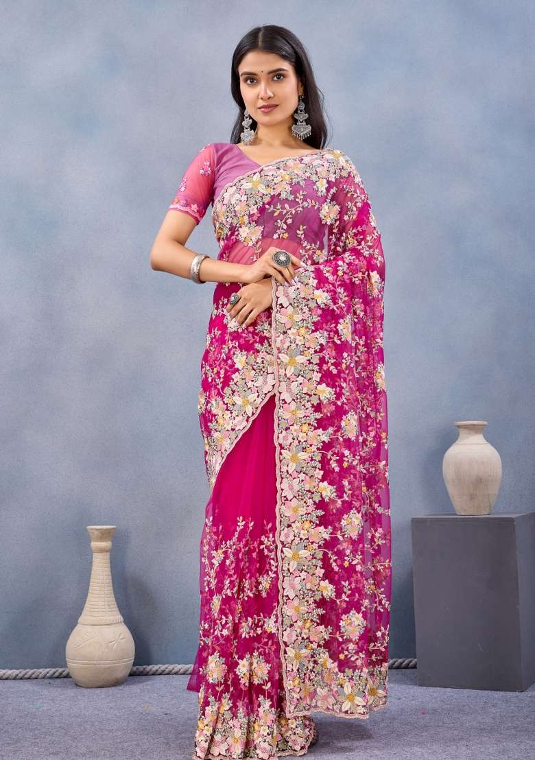 Rani Pink Embroidered Net Saree Set - Indya