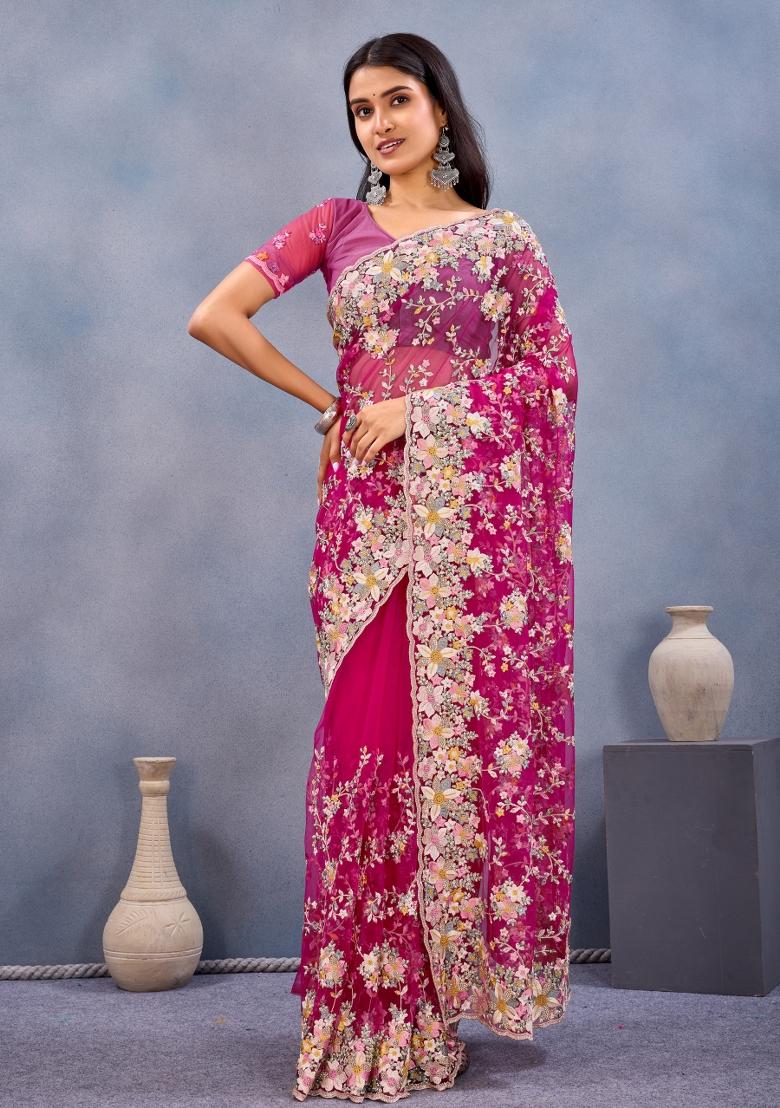 Rani Pink Embroidered Net Saree Set - Indya