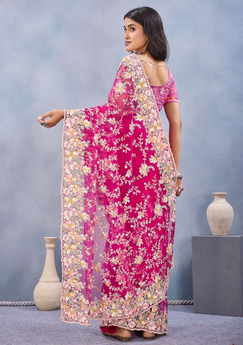 Rani Pink Embroidered Net Saree Set - Indya
