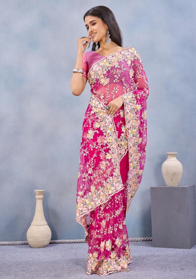 Rani Pink Embroidered Net Saree Set - Indya