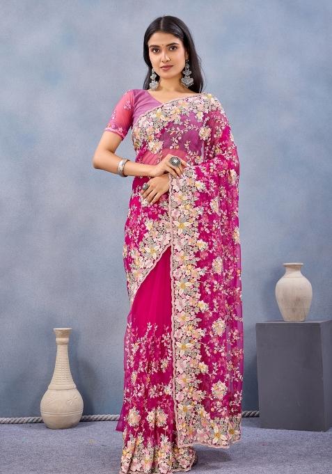 Rani Pink Embroidered Net Saree Set