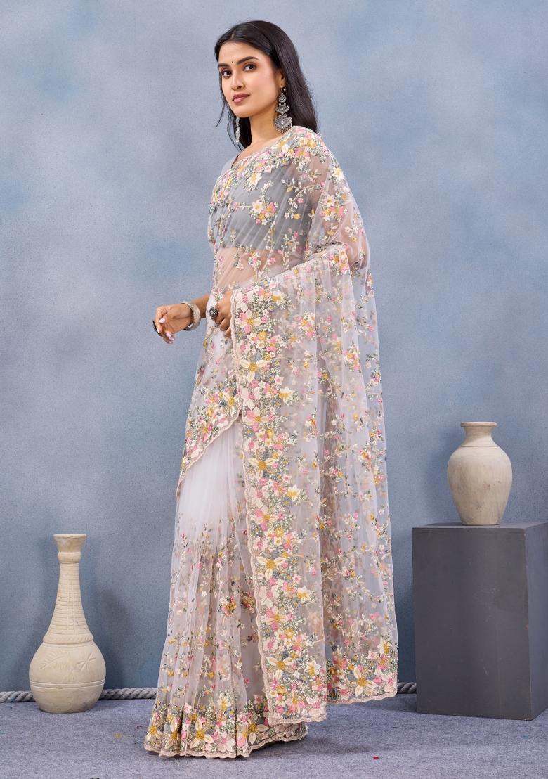 White Embroidered Net Saree Set - Indya