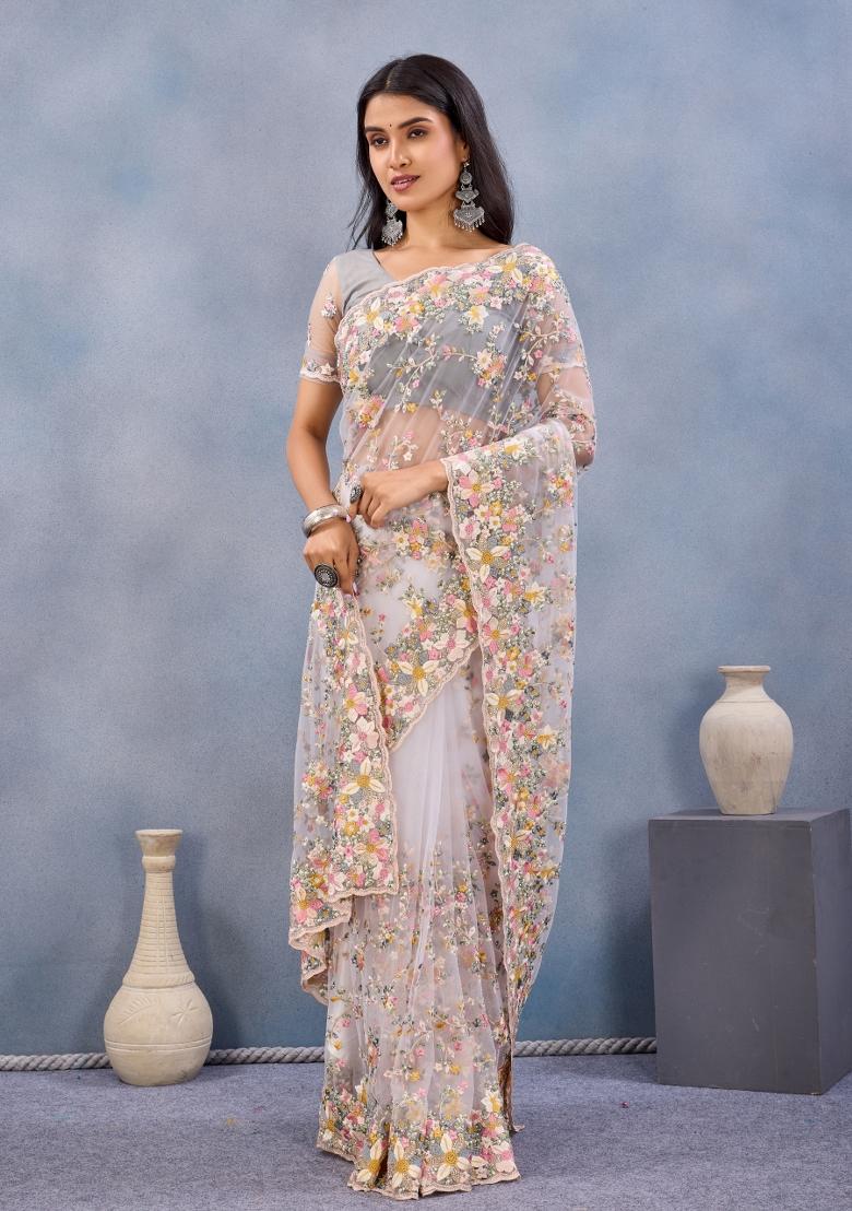 White Embroidered Net Saree Set - Indya