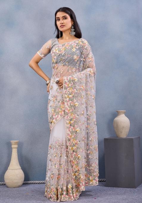 White Embroidered Net Saree Set
