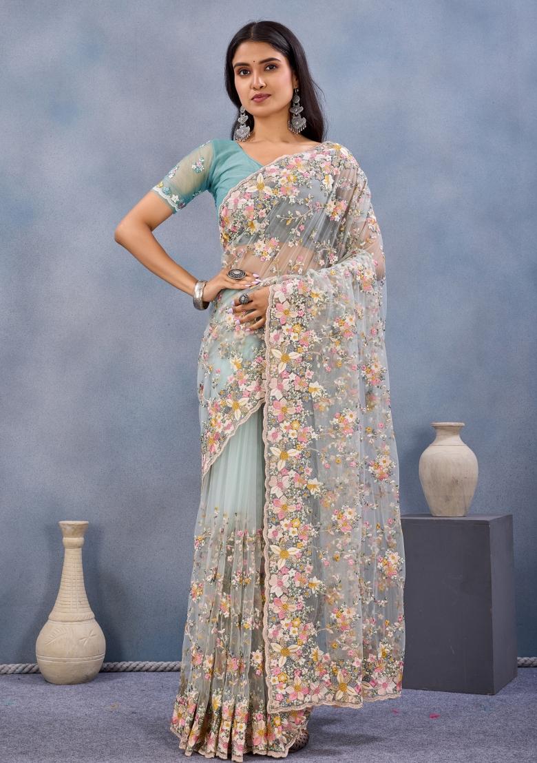 Sea Green Embroidered Net Saree Set - Indya