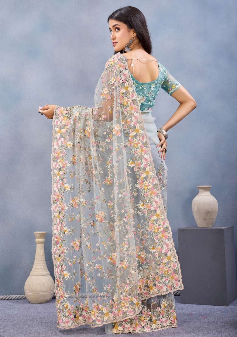 Sea Green Embroidered Net Saree Set - Indya