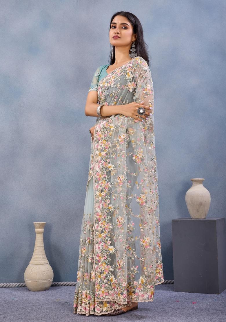 Sea Green Embroidered Net Saree Set - Indya
