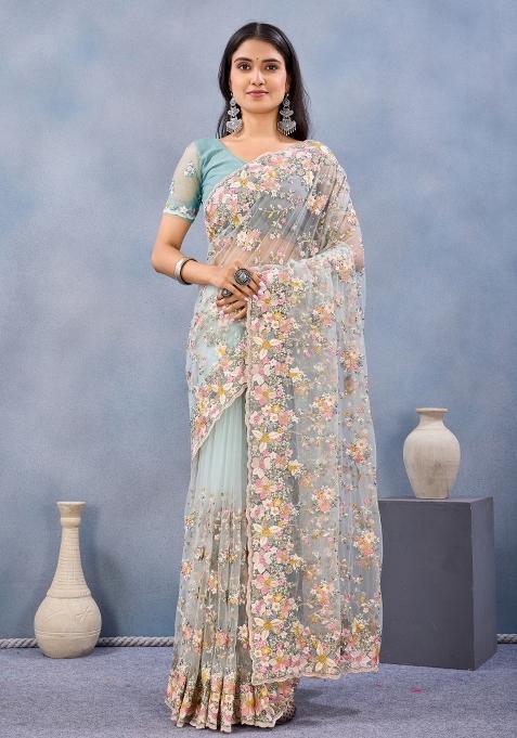 Sea Green Embroidered Net Saree Set