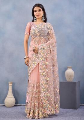 Peach Embroidered Net Saree Set