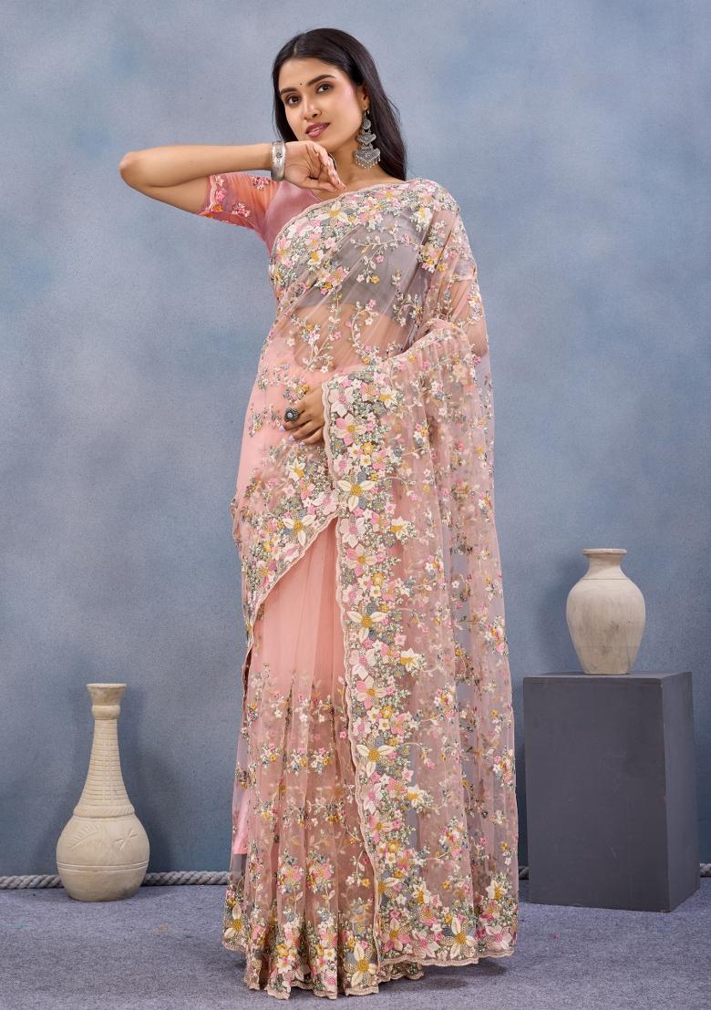 Peach Embroidered Net Saree Set - Indya