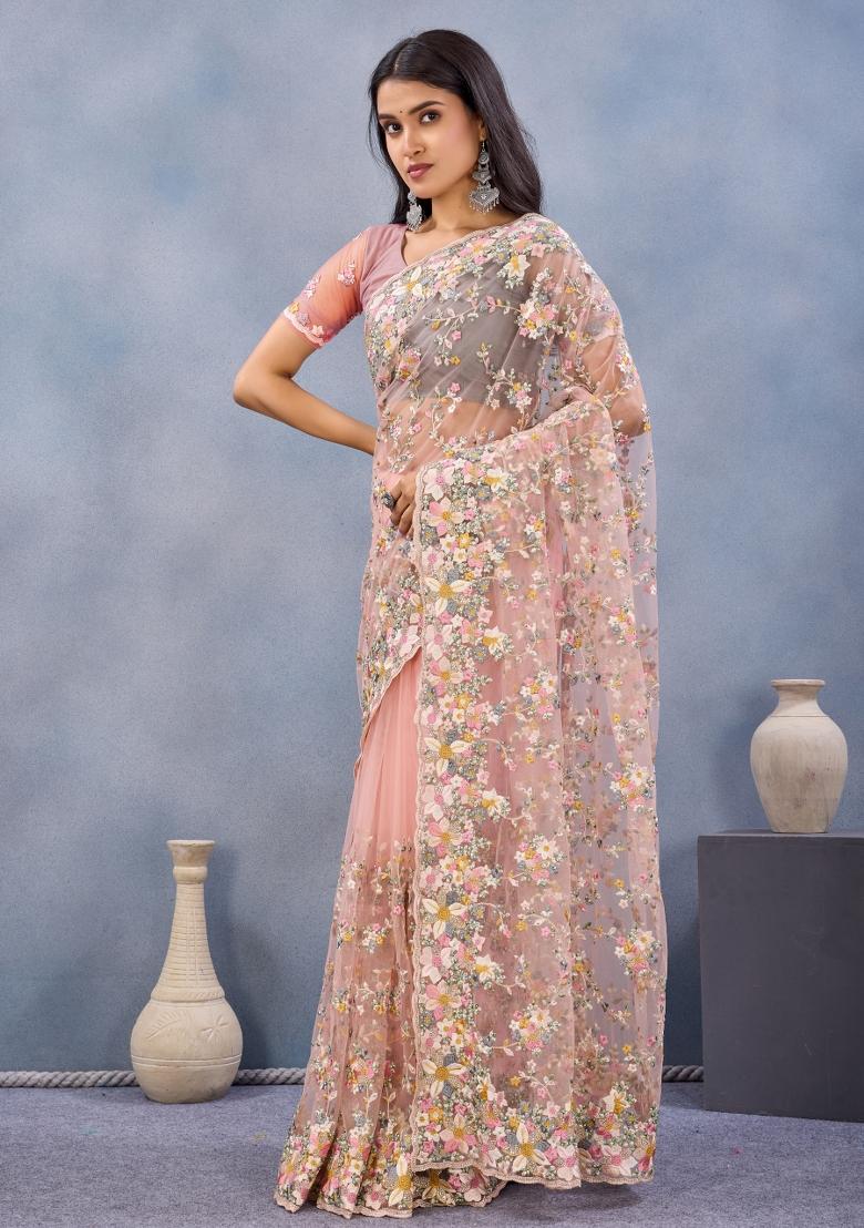Peach Embroidered Net Saree Set - Indya