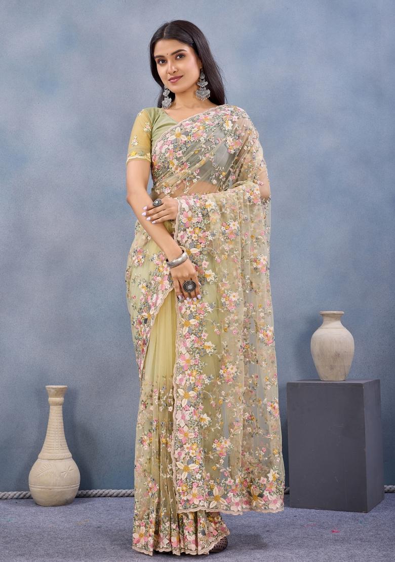 Lemon Yellow Embroidered Net Saree Set - Indya