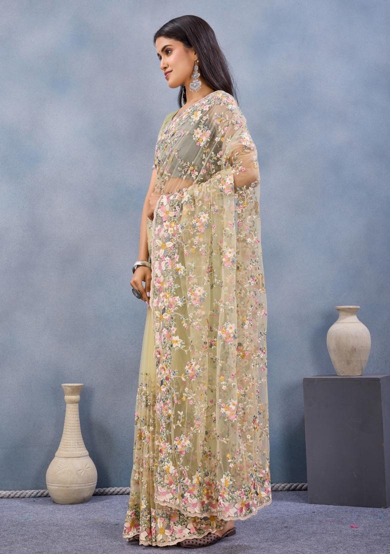Lemon Yellow Embroidered Net Saree Set - Indya