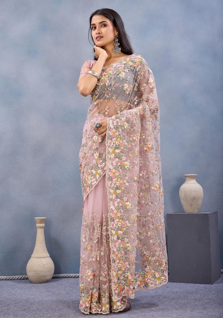 Dusty Pink Embroidered Net Saree Set - Indya
