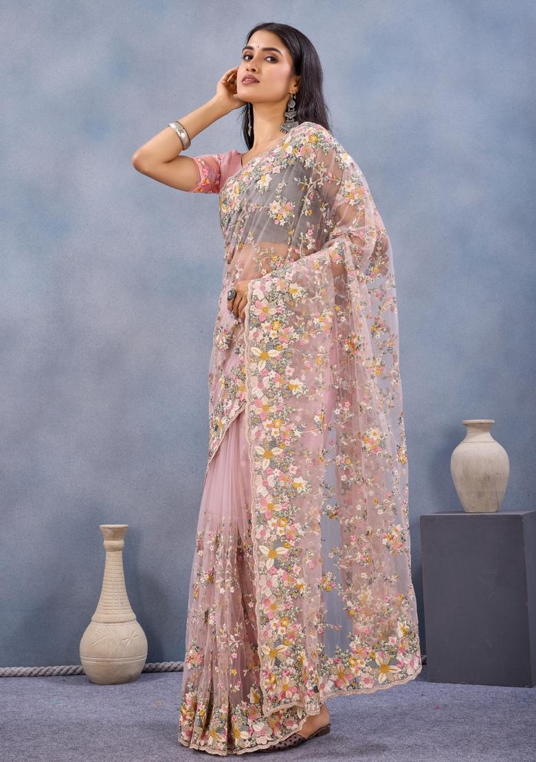 Dusty Pink Embroidered Net Saree Set - Indya