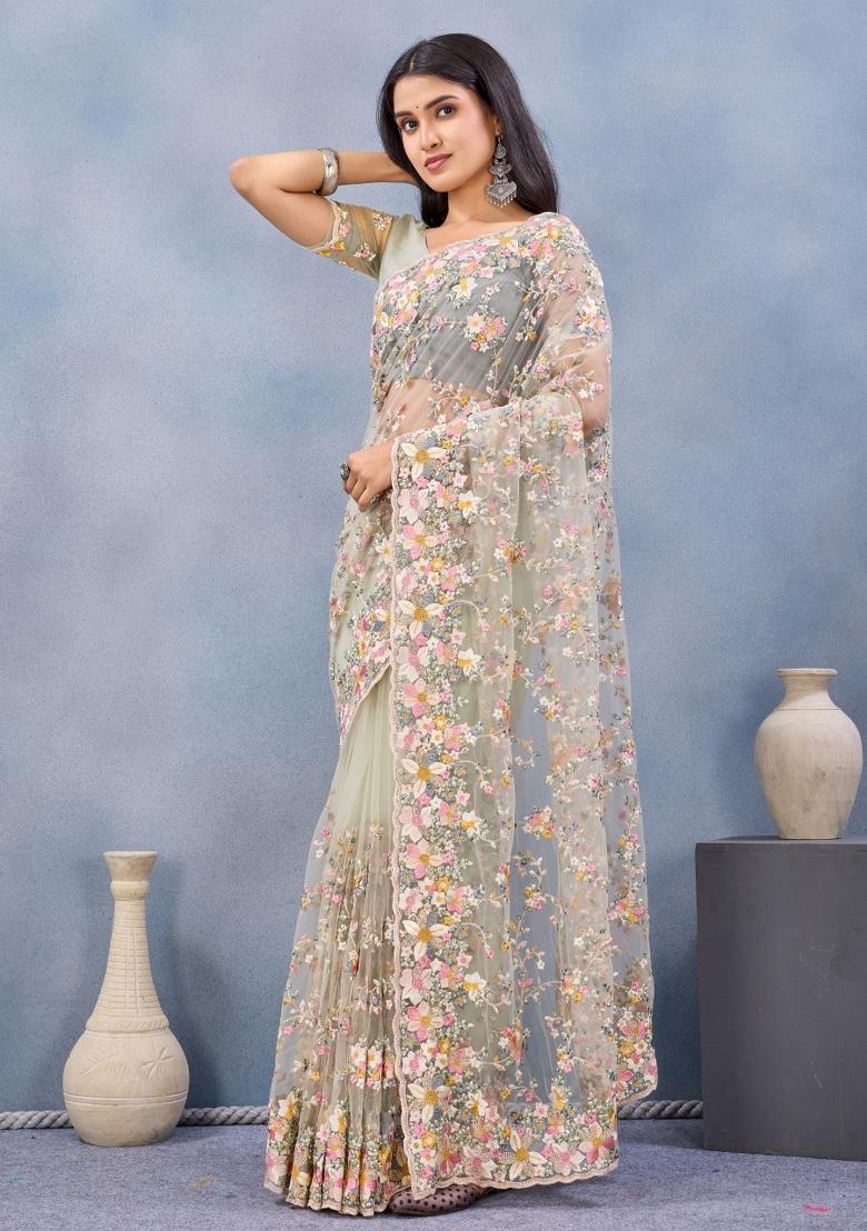 Pista Embroidered Net Saree Set - Indya