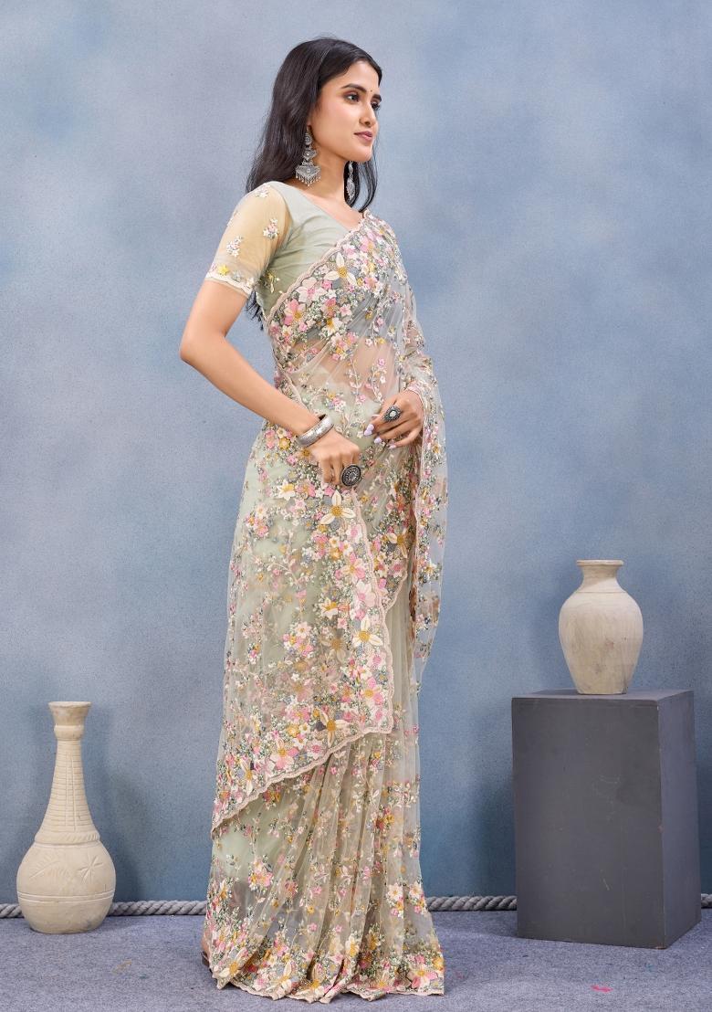 Pista Embroidered Net Saree Set - Indya