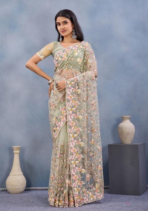 Pista Embroidered Net Saree Set