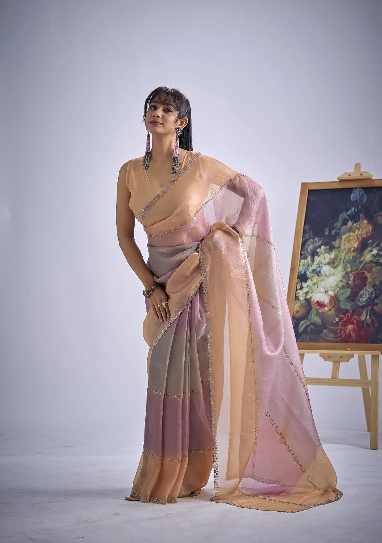 Multicolor Hand Work Silk Blend Saree Set - Indya