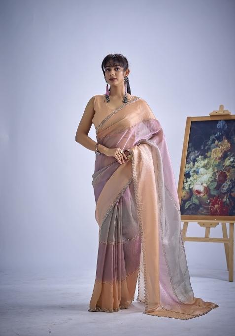 Multicolor Hand Work Silk Blend Saree Set