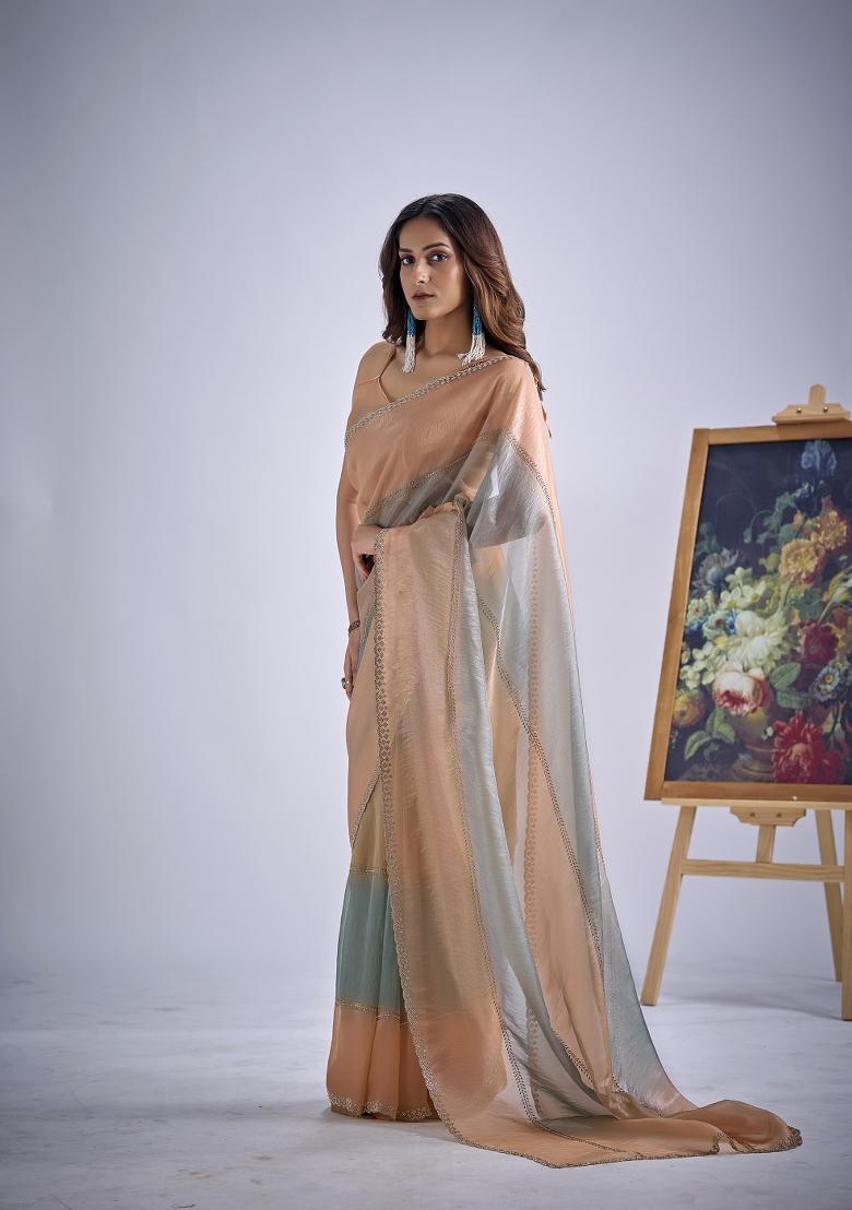 Multicolor Hand Work Silk Blend Saree Set - Indya