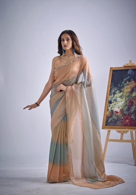 Multicolor Hand Work Silk Blend Saree Set