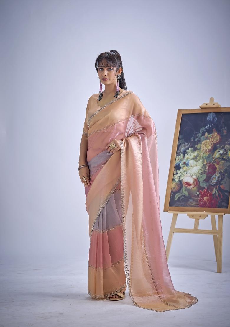 Multicolor Hand Work Silk Blend Saree Set - Indya