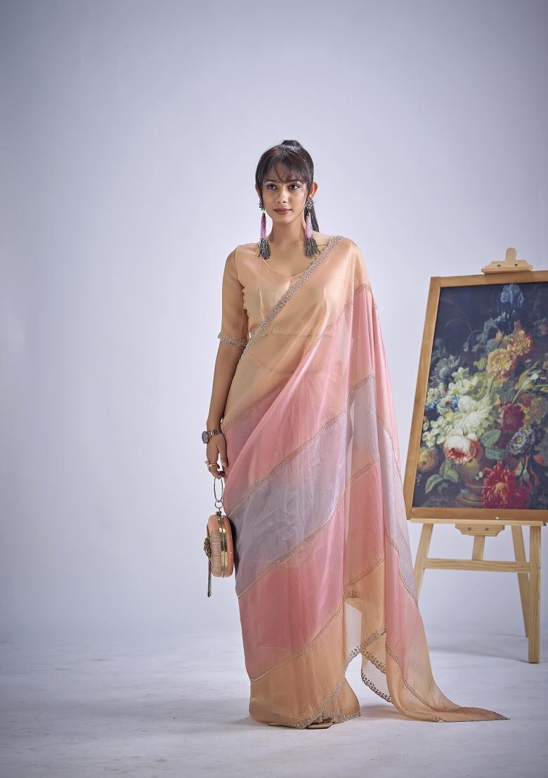 Multicolor Hand Work Silk Blend Saree Set - Indya