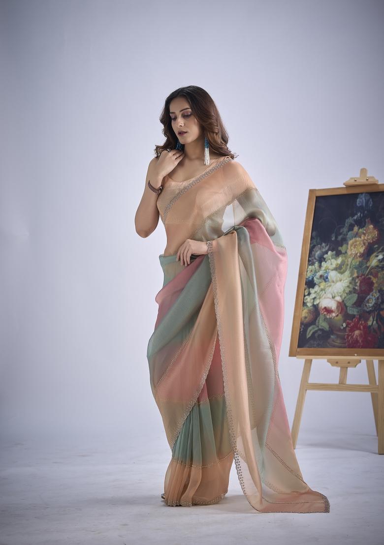 Multicolor Hand Work Silk Blend Saree Set - Indya