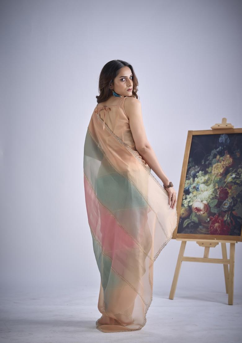 Multicolor Hand Work Silk Blend Saree Set - Indya