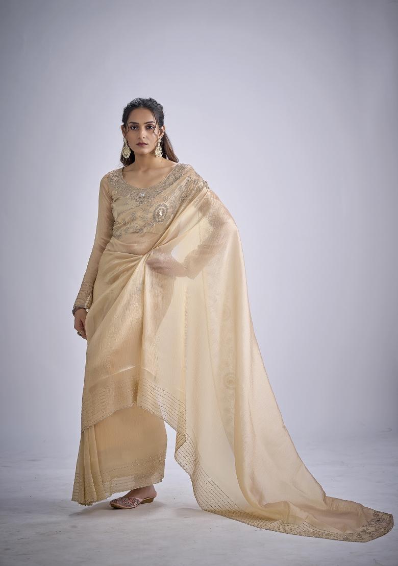 Chiku Hand Work Silk Blend Saree Set - Indya