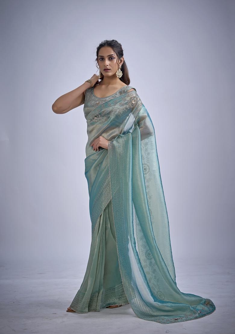 Sky Blue Hand Work Silk Blend Saree Set - Indya