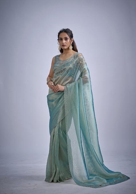 Sky Blue Hand Work Silk Blend Saree Set