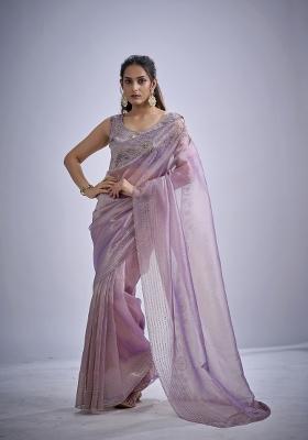 Lavender Hand Work Silk Blend Saree Set