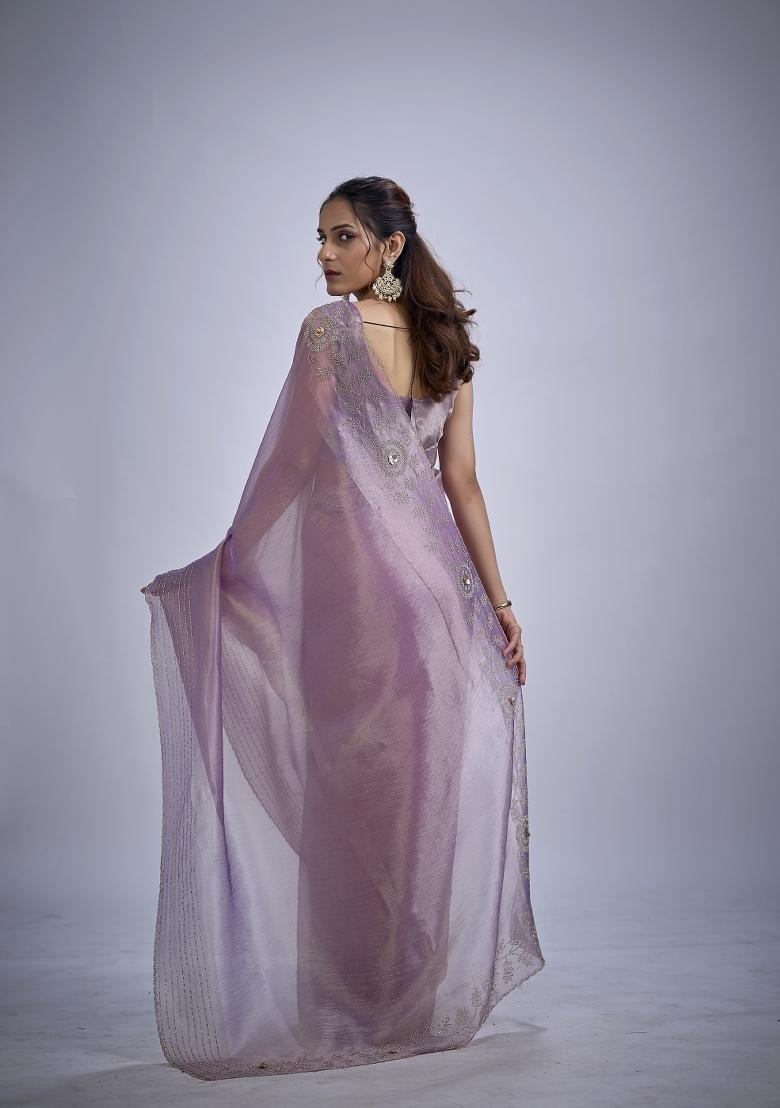 Lavender Hand Work Silk Blend Saree Set - Indya