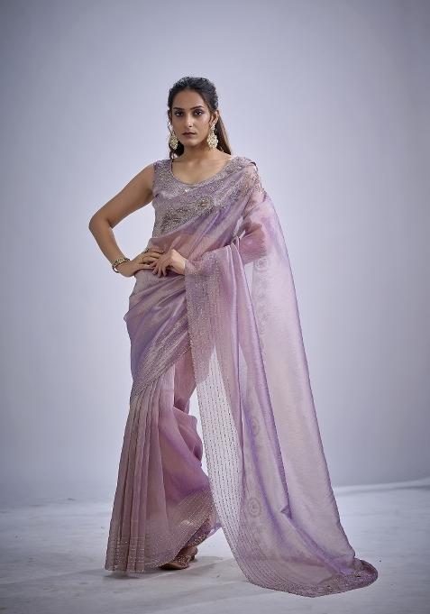 Lavender Hand Work Silk Saree Set