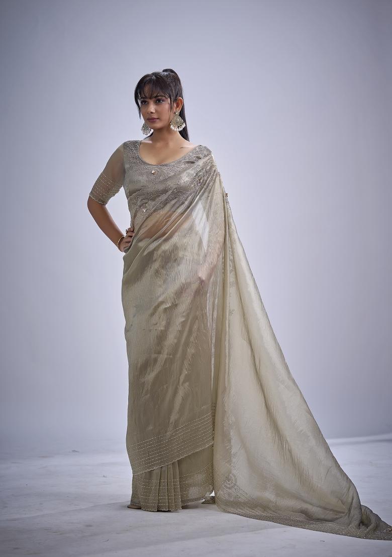 Grey Hand Work Silk Blend Saree Set - Indya