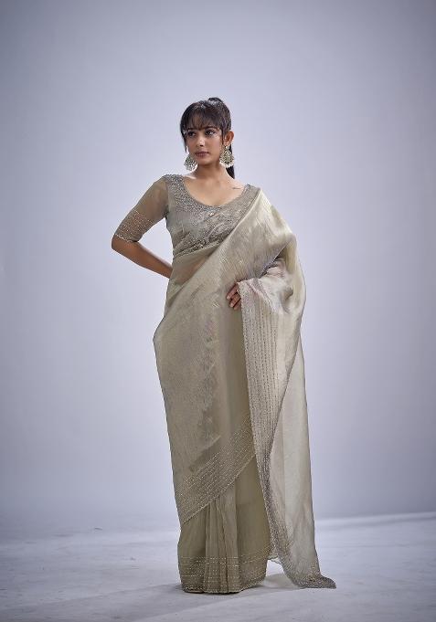 Grey Hand Work Silk Blend Saree Set
