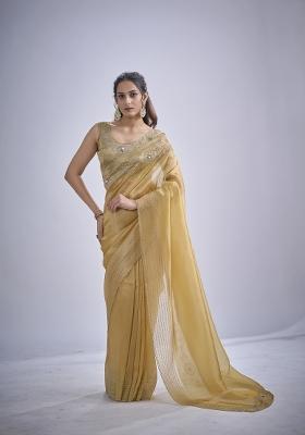 Mustard Hand Work Silk Blend Saree Set