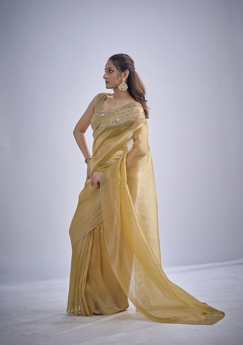 Mustard Hand Work Silk Blend Saree Set - Indya