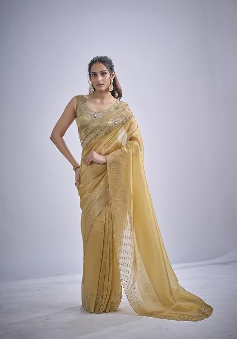Mustard Hand Work Silk Blend Saree Set