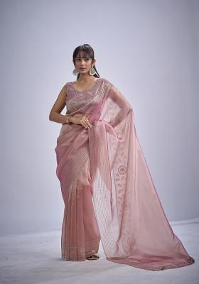 Pink Hand Work Silk Blend Saree Set