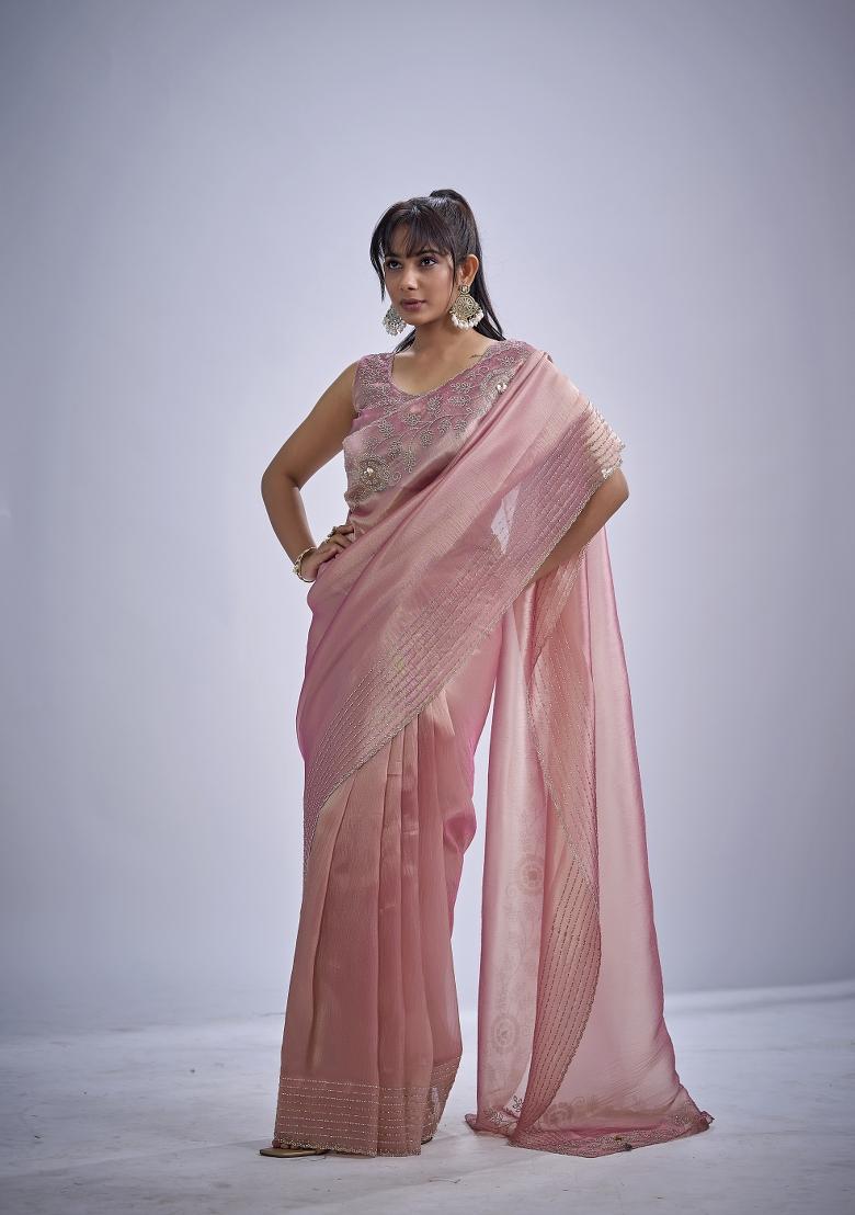 Pink Hand Work Silk Blend Saree Set - Indya