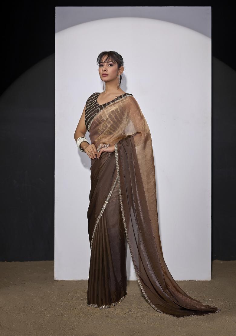 Golden And Brrown Hand Work Silk Blend Saree Set - Indya