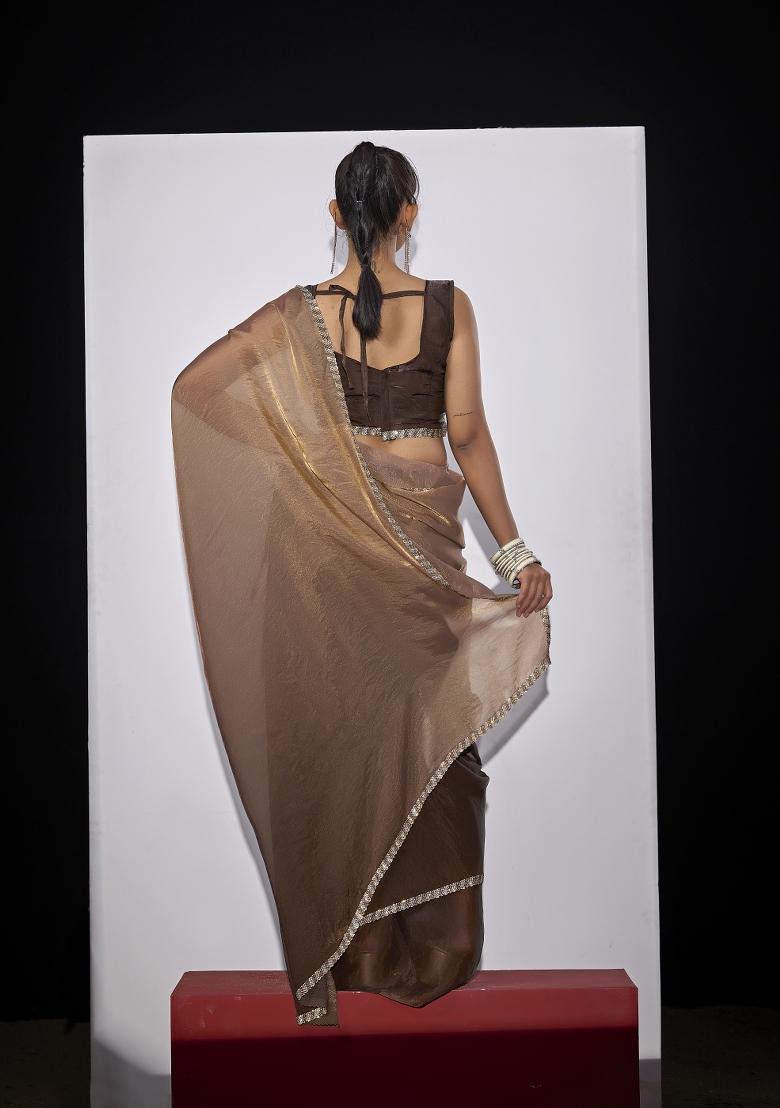 Golden And Brrown Hand Work Silk Blend Saree Set - Indya
