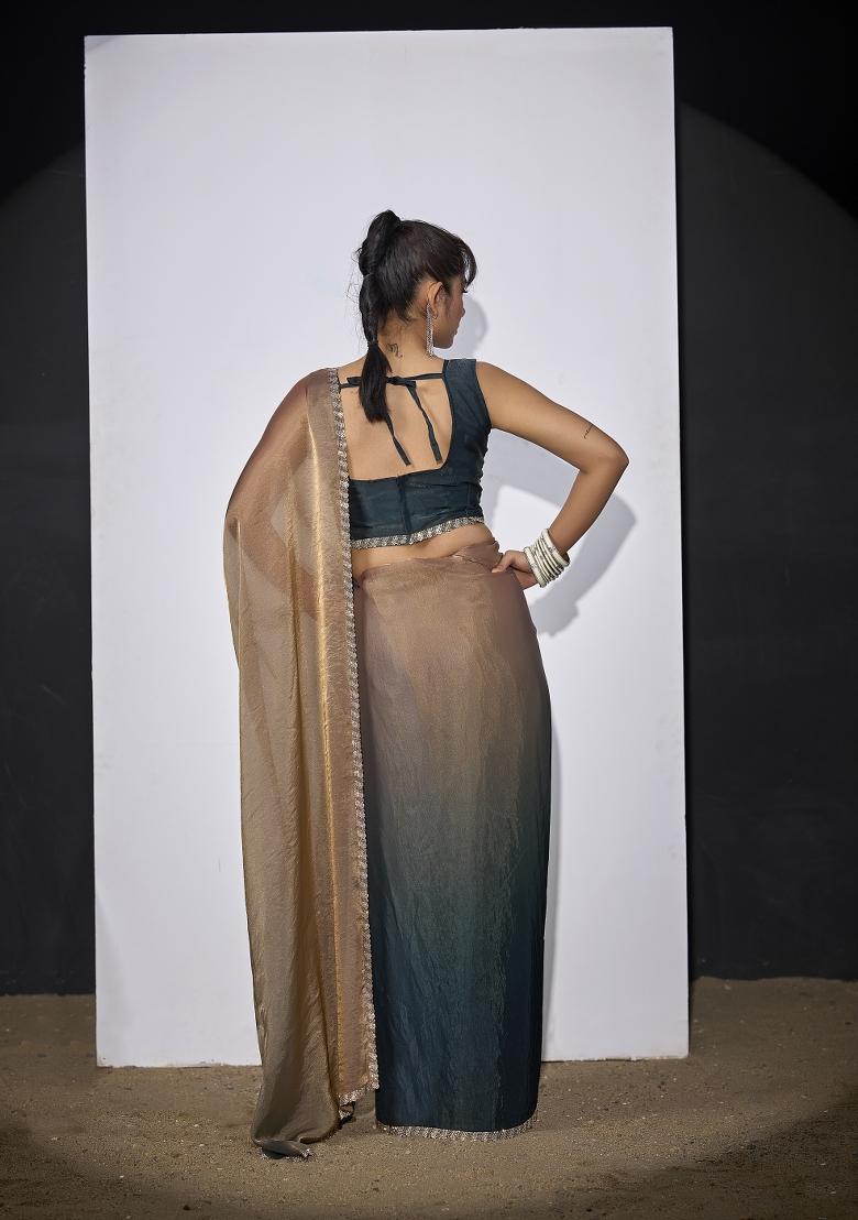 Golden And Morpeach Hand Work Silk Blend Saree Set - Indya