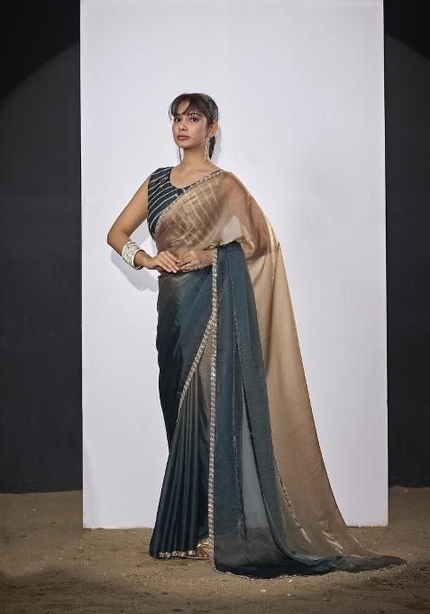 Golden And Morpeach Hand Work Silk Blend Saree Set