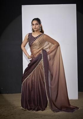 Golden And Wine Hand Work Silk Blend Saree Set