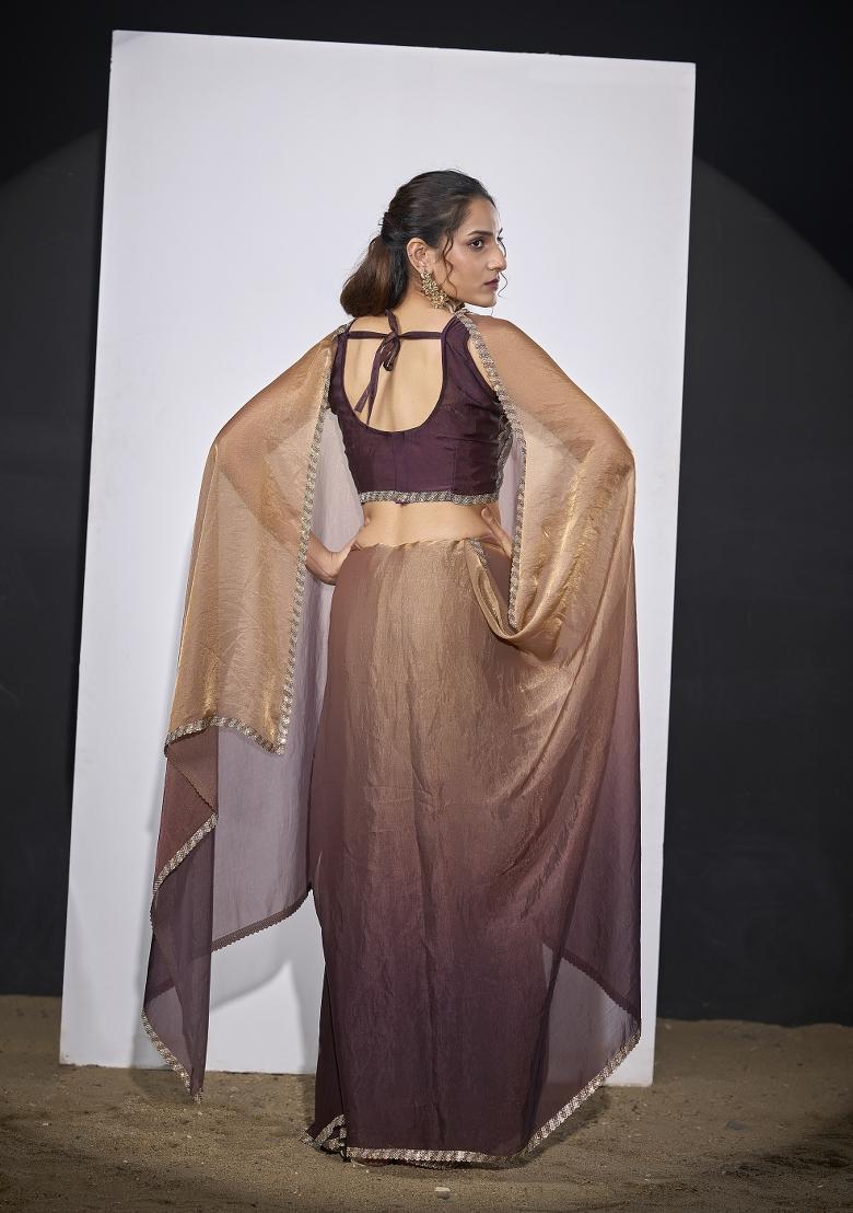 Golden And Wine Hand Work Silk Blend Saree Set - Indya